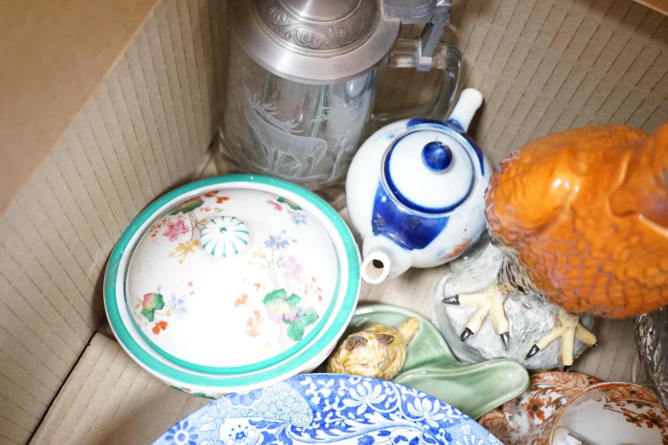 A quantity of mixed ceramics and glass including Beswick, Wade, Spode, Mintons etc